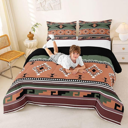 Erosebridal Western Decor,Vintage Exotic Indian Geometric Bedding Set Boho Western Comforter Set King,Ethnic Tribal Arrow Quilt Aztec Duvet Insert,Rustic Farmhouse Home Decor Green Brown