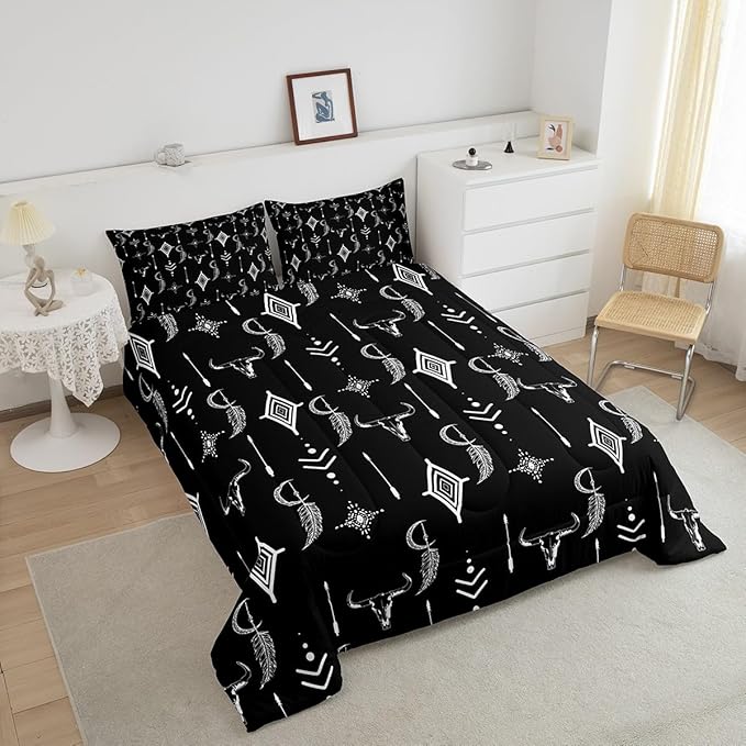 Feelyou Western Bull Skull Bedding Set Toddler Size Ethnic Horns Boho Comforter Black White Tribal Symbol Mysterious Aztec Comforter Set for Man Women
