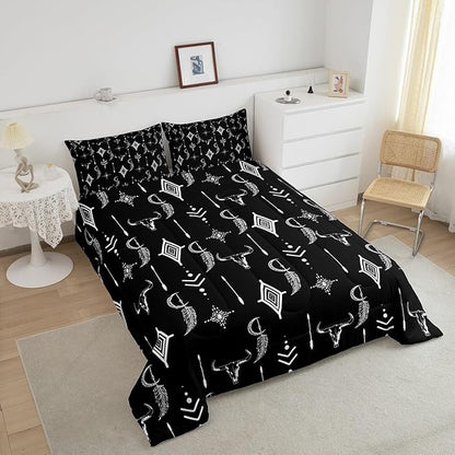 Feelyou Western Bull Skull Bedding Set Twin Size Ethnic Horns Boho Comforter Black White Tribal Symbol Mysterious Aztec Comforter Set for Man Women