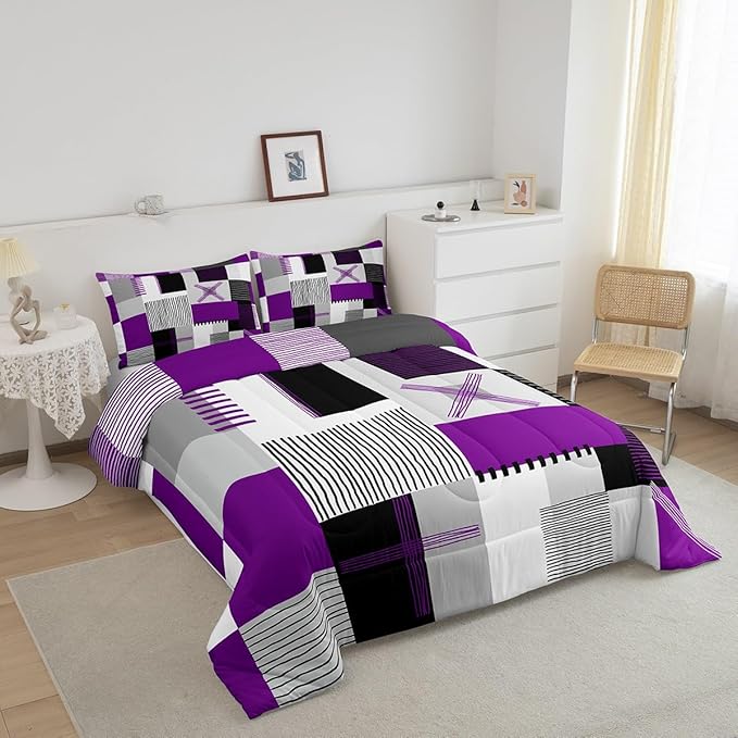 Erosebridal Purple Grey Queen Comforter Set for Girls Women Black White Abstract Bedding Set for Kids Adults Geometric Square Quilt Grids Checkered Duvet Insert Modern Fashion Room Decor 3 Pcs
