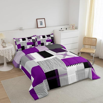 Erosebridal Purple Grey Queen Comforter Set for Girls Women Black White Abstract Bedding Set for Kids Adults Geometric Square Quilt Grids Checkered Duvet Insert Modern Fashion Room Decor 3 Pcs