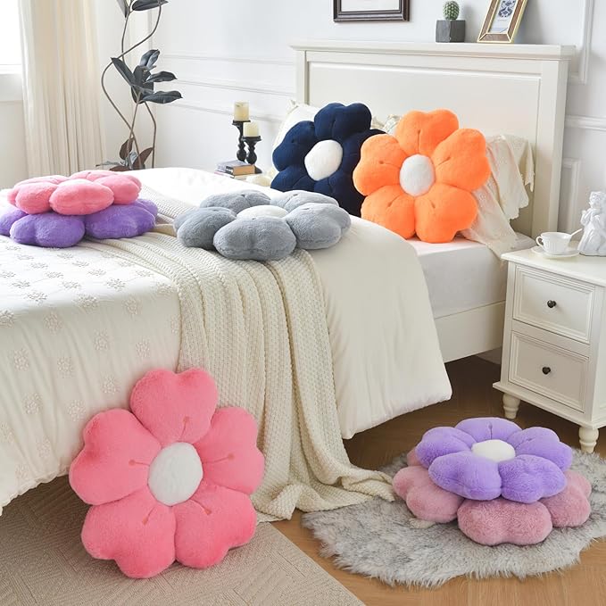 Flower Pillow, Flower Shaped Pillow Decorative Throw Pillows for Bed Couch, Cute Daisy Pillow Dorm Decor Floor Seating Cushion (Navy Blue, 19.6 Inches)