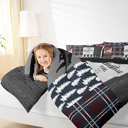 Retro Cabin Bedding For Kids, Rustic Adventure Bear Deer Moose Comforter Set King Size, Camping Hunting Wild Animal Bedding Comforter Sets Geometric Patchwork Lodge Decor Quilt Deer Decor For Home