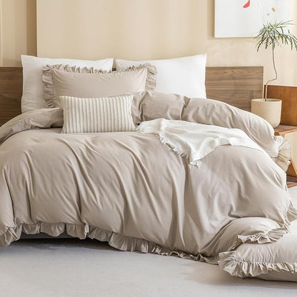 Sanracie Queen Comforter Sets, Cotton Ruffled Boho Comforter Set Queen 3 Pieces Linen Feel Farmhouse Vintage Shabby Boho Chic Bedding Soft Lightweight Bed Set for All Season