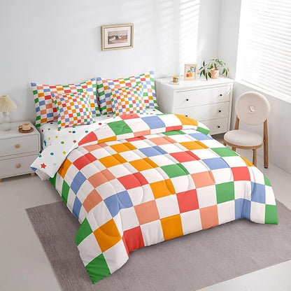 Feelyou Checkered Retro 7 Piece Bedding Set Teen Women Men Rainbow Colorful Plaid Comforter Set with Sheets Full Size Kids Boys Geometric Vintage Bed in a Bag Modern Groovy Aesthetic Room Decor