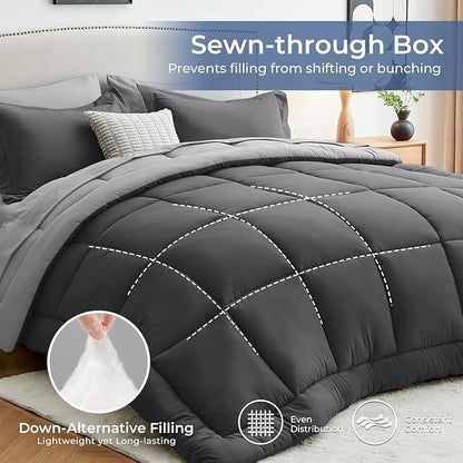 Sasttie Twin XL Comforter Set, 5 Pieces Twin XL Bed in a Bag, Complete Bedding Set Includes Comforter, Flat Sheet, Fitted Sheet, Pillowcase and Pillow Sham, Dark Grey & Light Grey