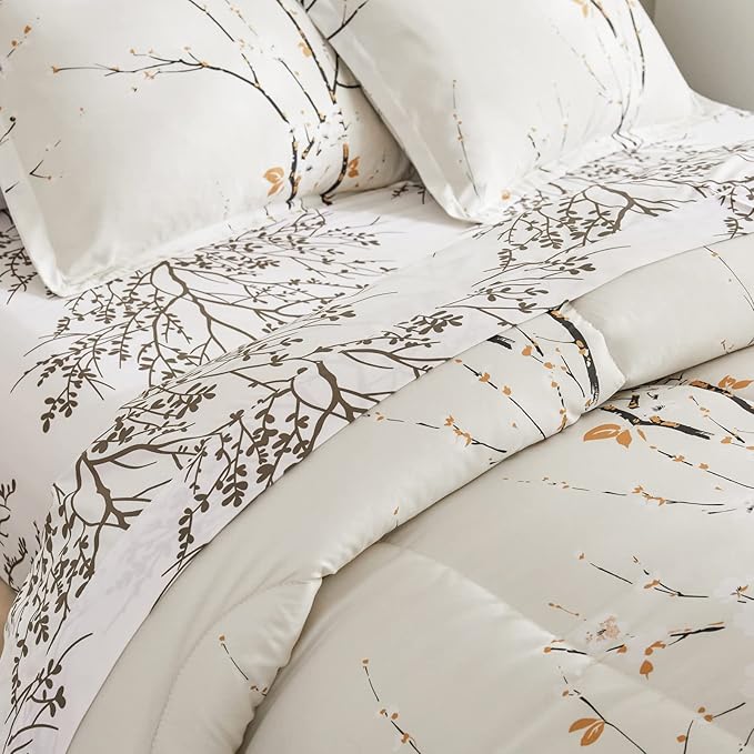 UOZZI BEDDING Cream White Bed in a Bag Twin 6 pc Branch Style All Season Soft Microfiber Reversible Bed Comforter Set (1 Comforter 2 Pillow Shams 1 Flat Sheet 1 Fitted Sheet 1 Pillowcases)