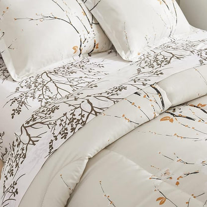 Cream White Bed in a Bag Queen 7 pc Branch Style All Season Soft Microfiber Reversible Bed Comforter Set (1 Comforter 2 Pillow Shams 1 Flat Sheet 1 Fitted Sheet 2 Pillowcases)