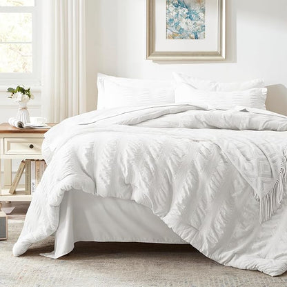 Zzlpp Queen Comforter Set 7 Pieces, White Seersucker Bed in a Bag with Comforter, Pillow Shams, Pillowcases, Flat Sheet, Fitted Sheet