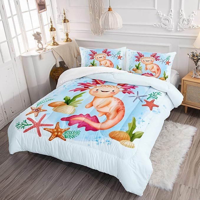 HOSIMA Axolotl Bedding Set for Kids Room Decor,Cartoon Starfish Pattern Kawaii Set,Twin Comforter Girls Child Boys,Cartoon Sea Animals Twin with 2 Pillowcase. Blue-red