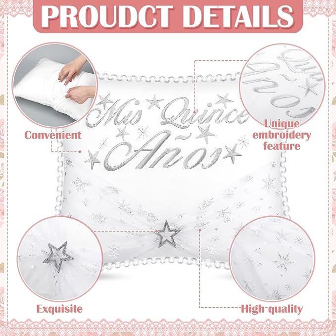 Quinceañera Pillow 13 x 16 Inches White 15th Birthday Lace Pillows with Pillowcase Quinceanera Gift Decoration for Girls Chairs Sofas Ceremony Souvenir
