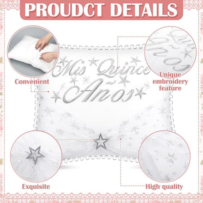 Quinceañera Pillow 13 x 16 Inches White 15th Birthday Lace Pillows with Pillowcase Quinceanera Gift Decoration for Girls Chairs Sofas Ceremony Souvenir
