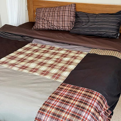 Nayoroom Plaid Comforter Set Queen Size Vintage Brown Patchwork Checkered Comforter 3 Pieces Soft Lightweight Farmhouse Dorm Bedding Set for All Seasons
