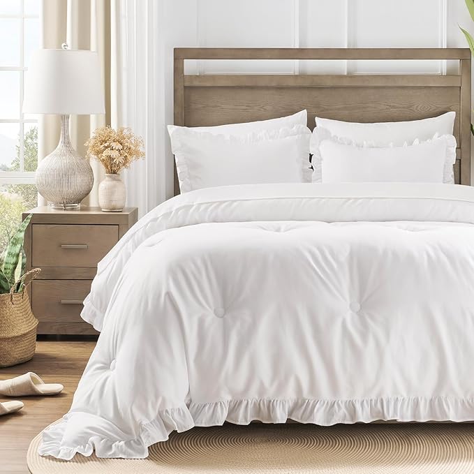 QUIETSEA Twin Bed in a Bag 5 Pieces Comforter Set Twin, Ruffle Shabby Chic Bedding Comforter Set White Bed Set with Comforter, Pillowcase, Flat Sheet, Fitted Sheet and Pillow Sham