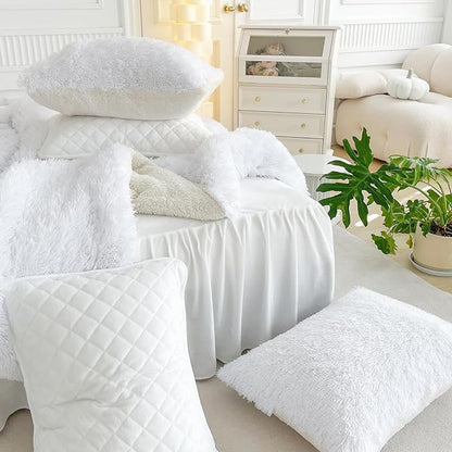 UOZZI BEDDING White Faux Fur Comforter Set Queen 3 Pieces - 1 White Shaggy Comforter Set and 2 Pillowcases, Ultra Soft and Easy Care Luxury Plush Shaggy Duvet Set