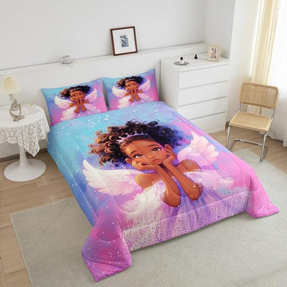 Manfei Princess Girl Comforter Set King Size, Cute Black Little Girl Bedding Set for Kids Women Adult Room Decor, Blue Pink Galaxy Down Comforter, Reversible Polyester Quilt Set,2 Pillowcases