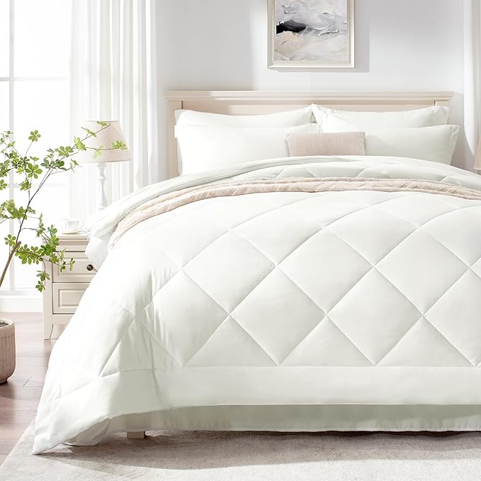 Love's cabin California King Comforter Set Ivory, 7 Pieces California King Bed in a Bag, All Season Bedding Sets with 1 Comforter, 1 Flat Sheet, 1 Fitted Sheet, 2 Pillowcase and 2 Pillow Sham