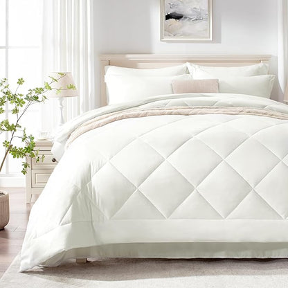 Love's cabin Queen Comforter Set Ivory, 7 Pieces Queen Bed in a Bag, All Season Bedding Sets with 1 Comforter, 1 Flat Sheet, 1 Fitted Sheet, 2 Pillowcase and 2 Pillow Sham