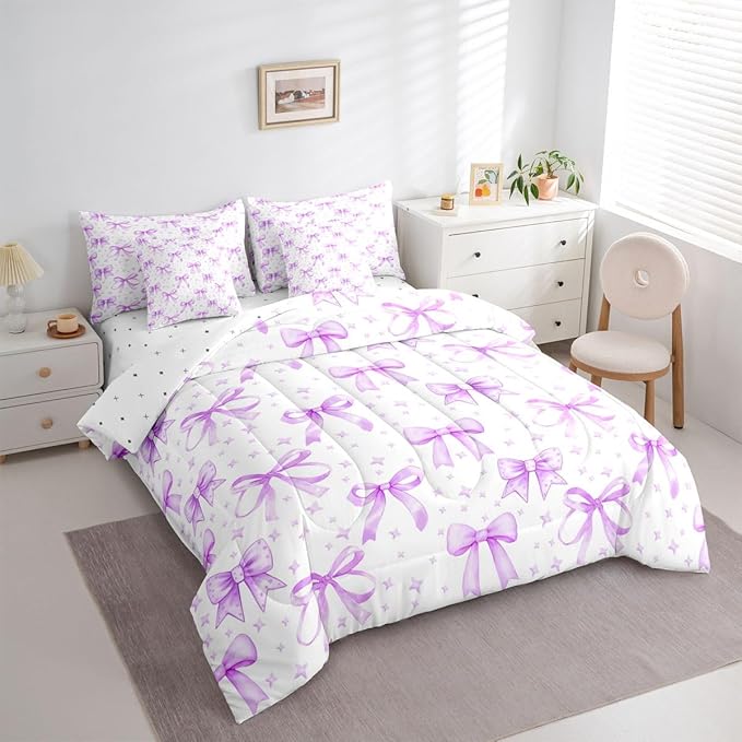 Erosebridal Bow Girls Cute Purple Full Comforter Set 7 Pieces | Starry Bed in A Bag for Bedroom Dreamy Bedding Set with Comforters Bowknot Kawaii Room Decor