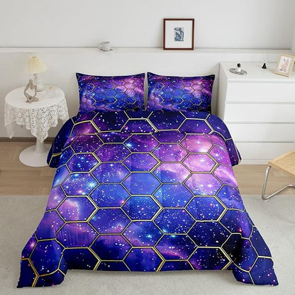 Manfei Blue Galaxy Comforter Set Queen Size, Geometric Hexagon Print Bedding Set 3pcs, Purple Starry Sky Honeycomb Down Comforter for All Season, Kids Boys Girls Room Decor, 2 Pillowcases