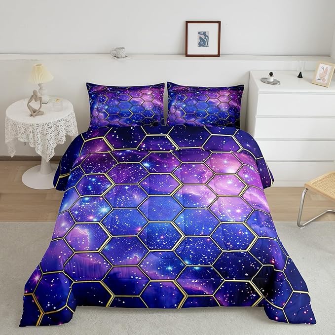 Manfei Blue Galaxy Comforter Set Full Size, Geometric Hexagon Print Bedding Set 3pcs, Purple Starry Sky Honeycomb Down Comforter for All Season, Kids Boys Girls Room Decor, 2 Pillowcases