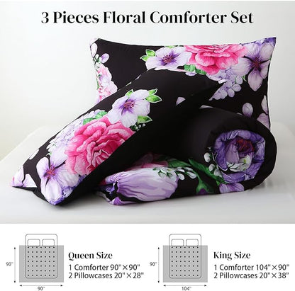 Floral Comforter Set Queen Size, 3 Pieces Elegant Black Floral Bed in a Bag, Soft Microfiber Botanical Flower Bedding Set with 2 Pillowcases for All Season 90"×90"