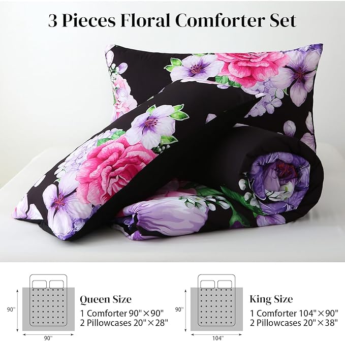 Floral Comforter Set King Size, 3 Pieces Elegant Black Floral Bed in a Bag, Soft Microfiber Botanical Flower Bedding Set with 2 Pillowcases for All Season 104"×90"