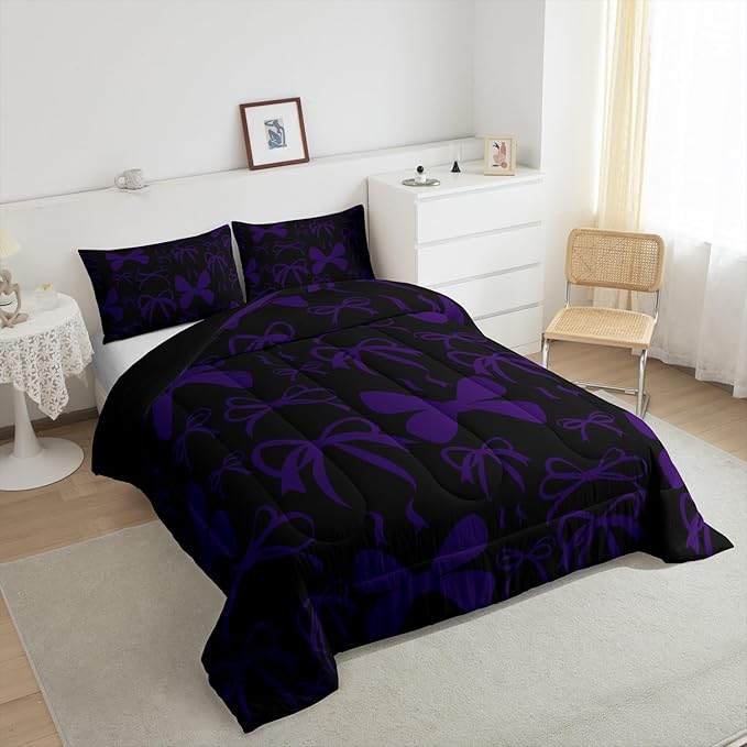 Feelyou Cute Bowknot Bedding Set Boys Girls Twin Size Bow Comforter Set for Kids Women Men Ultra Soft Purple Girls Bow Comforter Lovely Duvet Set