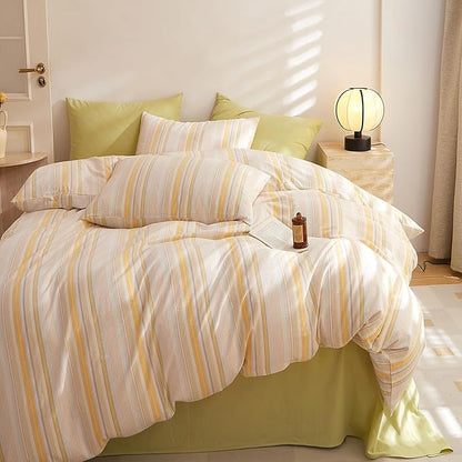 HighBuy Striped Comforter Set Queen Size Comfy Soft Yellow Stripes Pattern Bedding Comforter Set Fluffy Farmhouse Bohemian Bed Set 3 Piece,1 Comforter 2 Pillowcases,All Season,Breathable