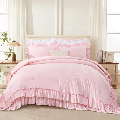 Andency Pink Comforter Set Queen Size, Lightweight Fluffy Farmhouse Pink Ruffle Bedding Set, Soft Microfiber All Season Shabby Chic Bed Comforter Set 3 Pieces(1 Ruffle Comforter 2 Pillowcases)