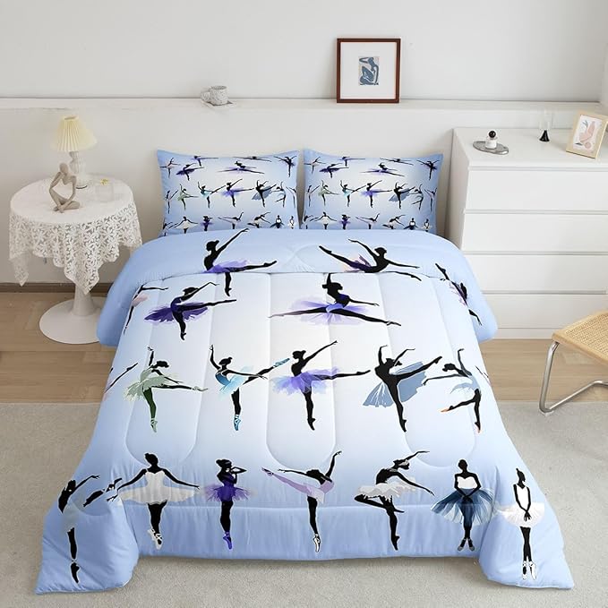 Erosebridal Girl Comforter Set King Size Ballet Bedding Set for Girls Women Kids Teens Dancing Theme Down Comforter Classical Graceful Style Warm Soft 3 Pieces Bedroom Decor Quilt Set
