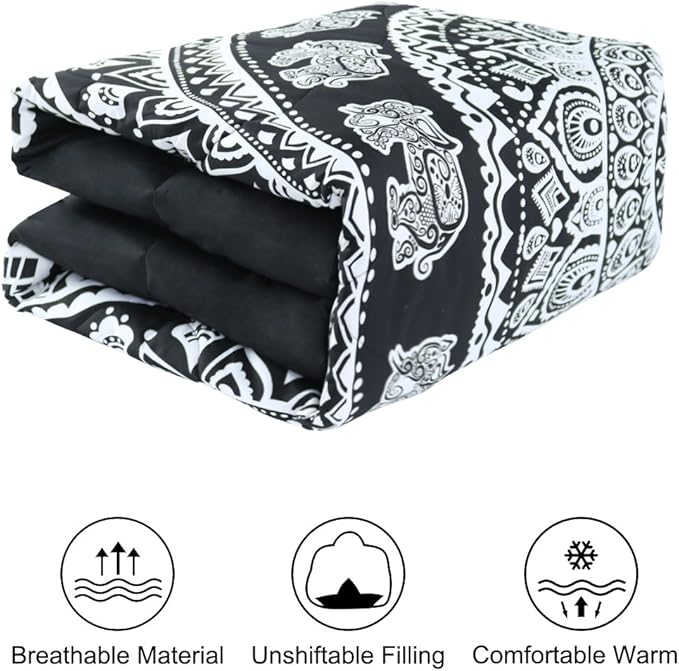 uxcell 3-Piece Bohemian Black Comforter Sets - 3D Printed Bohemia Themed - All-Season Down Quilted Duvet - Reversible Design - Includes 1 Comforter, 2 Pillow Cases Full