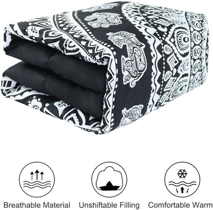 uxcell 3-Piece Bohemian Black Comforter Sets - 3D Printed Bohemia Themed - All-Season Down Quilted Duvet - Reversible Design - Includes 1 Comforter, 2 Pillow Cases Full