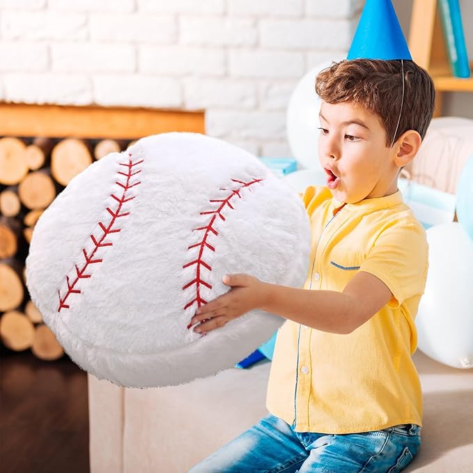 Baseball Pillow, 2 Pcs Baseball Plush Pillow, Soft Fluffy Stuffed Sports Throw Pillows, Home Decor Cushion, Round Baseball Pillows, Sports Gifts for Room Decoration 15.8"