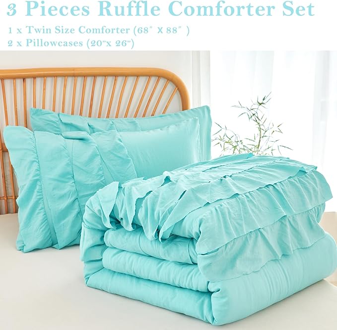 PERFEMET Boho Teal Comforter Set, 3 Pieces Girls Twin Bedding Set, Multi Layers Ruffle Bed Set for Kids Teens, Washed Microfiber Farmhouse Princess Bedding Comforter Sets (Teal,Twin)
