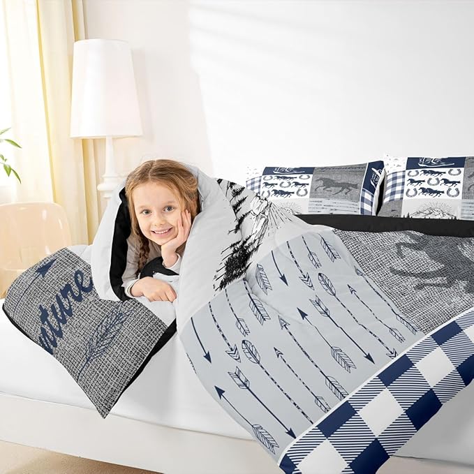 Erosebridal Western Horse Bedding Set Queen, Southwestern Horseshoe Comforter Set for Boys Teens Adult Bedroom Decor, Vintage Riding Boots Quilt Rustic Adventure Duvet Insert with 2 Pillow Cases