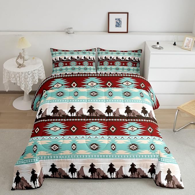 Feelyou Boho Comforter Set Full Size Horses Comforter Southwestern Native Aztec Bedding Set Farmhouse Wildlife Duvet Set Room Decor Light Blue Quilt Set