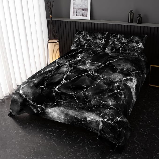 Black and White Comforter Set Full Size，Black and White Marble Bedding Set 3 Pcs Bedding for Adults, Marble Room Decor with Comforter and 2 Pillowcases Soft and Lightweight