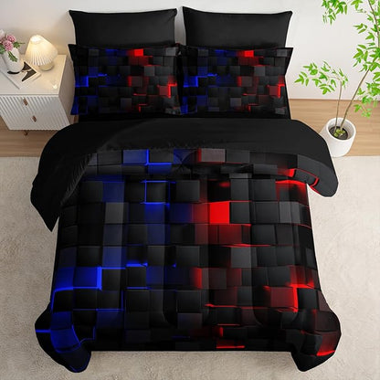 Red and Blue Checkered Comforter Set King Honeycomb Bedding Sets,Light Honeycomb Bedding Set 7 Piece in A Bag,Bed Sheet Set Geometry Decor,Microfiber Lightweight All Season