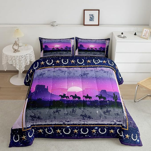 Feelyou Purple Western Decor Comforter Queen Size Wild Western Cowboy Comforter Set for Boys Girls Children Horse Setting Sun Glitter Bedding Set Room Decor Horseshoes West Texas Star Duvet Set 3Pcs