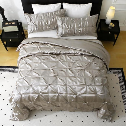 Satin Comforter Set Queen Size, 3-Piece Light Grey Pinch Pleat Bedding Sets, Comforter, Pillowcases, Offering Exceptionally Soft and Smooth Comfort for All Season Use