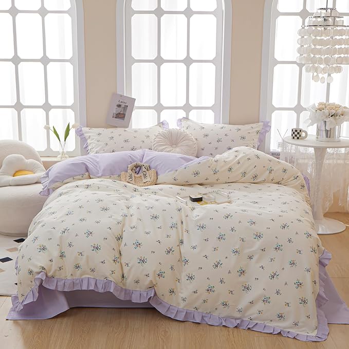HighBuy Ruffle Comforter Set Queen Boho Chic Purple Flower Bedding Set Coquette Cottagecore Aesthetic Lace Comforter with 2 Pillow Shams for Women Girl,Fluffy Cozy Floral Ruffled Comforter Set