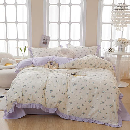 HighBuy Twin XL Comforter Set Ruffled Fluffy Lavender Flower Bedding Set for Women Girls Coquette Cottagecore Lace Ruffle Comforter and 2 Pillow Shams for All Season