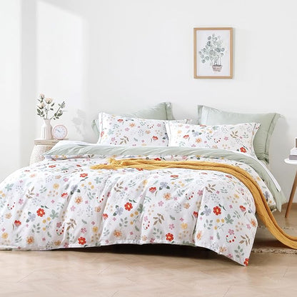 Botanical Cotton Comforter King Size 3Pcs - Colorful Flowers, Berries and Leaves on White, Chevron Sage Green Back, Reversible Lightweight Bedding Sets with Soft Fill(King, 104"×90")