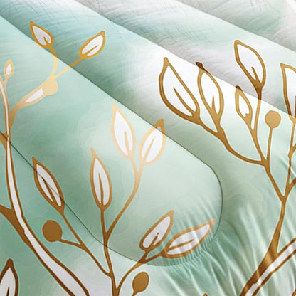Floral Kid Galloping Horse Comforter Set Queen Animal Theme Handsome Horse Bedding Set Decorated with Green and Gold Leaves for Boys Girls Adult, 1 Comforter + 2 Pillowcases