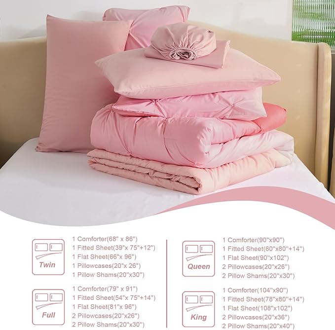 Dinjoy Ombre Comforter Set Full Size, 7-Piece Bed in a Bag for Kid Teen, Pintuck Colorful Rainbow Bedding Sets with Comforter, Flat Sheet, Fitted Sheet and Pillowcases & Shams, Pink