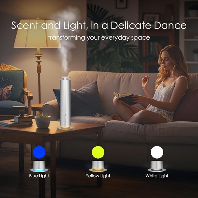 Waterless Essential Oil Diffuser, Long Lasting Aromatherapy Scent Diffuser for Home with Light Mode, 1000 Sq. Ft Coverage Quiet Oil Diffusers for Bedroom Safe for Kids&Pets, Silver