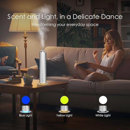 Waterless Essential Oil Diffuser, Long Lasting Aromatherapy Scent Diffuser for Home with Light Mode, 1000 Sq. Ft Coverage Quiet Oil Diffusers for Bedroom Safe for Kids&Pets, Silver
