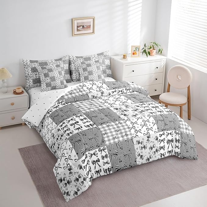 Feelyou Grey Bow Comforter Set with Sheets King Size Kids Bowknot Plaid 7 Pieces Bedding Set for Boys Girls Teens Gift for Girls Women Grid Bed in a Bag Breathable Princess Décor Bed Set