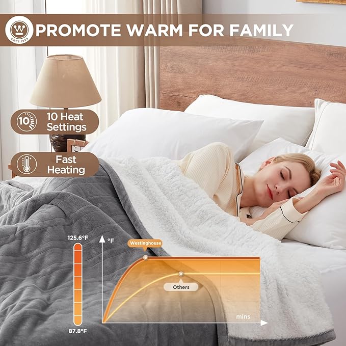 Westinghouse Heated Blanket King Size, Soft Flannel to Sherpa Electric Blanket with 10 Heating Levels, 12 Hours Auto Off, Fast Heating, Machine Washable, 100 * 90, Light Grey